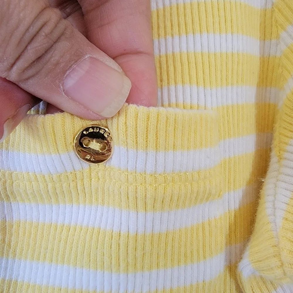 Lauren Ralph Lauren Yellow/White Striped Knit Top Sz M Boatneck 3/4 Sleeve - Picture 2 of 9